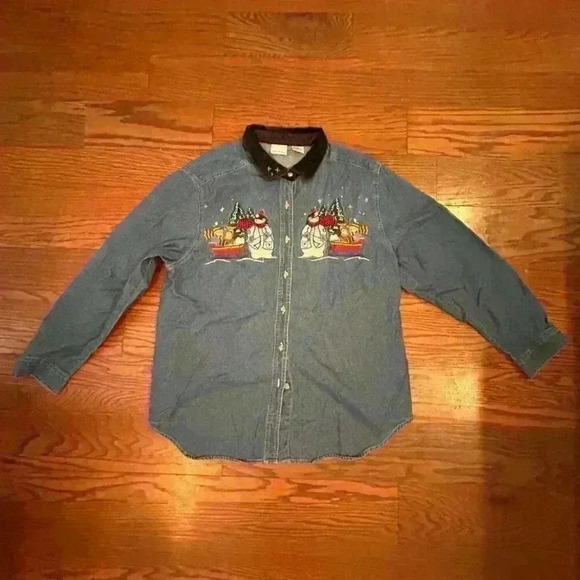 Vintage Christmas Embroidered Denim Shirt Snowman Size XL Ugly Christmas Sweater - Picture 8 of 9